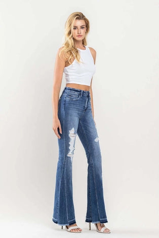 Gaia High Rise Distressed Panel Flare Jeans