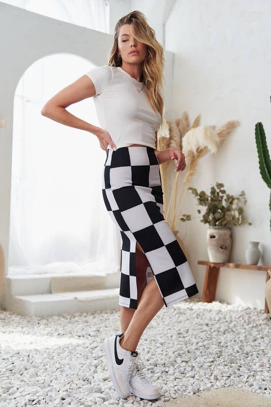 CHECKERED KNIT PENCIL MIDI SKIRT