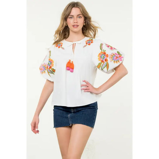 Embroidered detail puff sleeve top