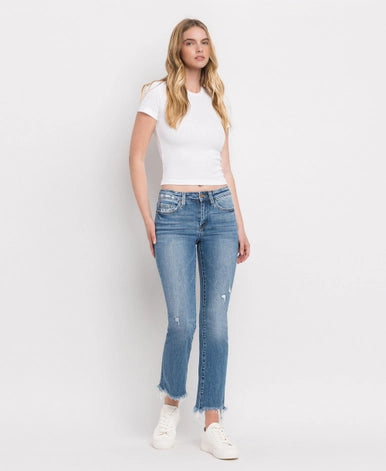 Minnie Mid Rise Distressed Hem Ankle Bootcut Jeans