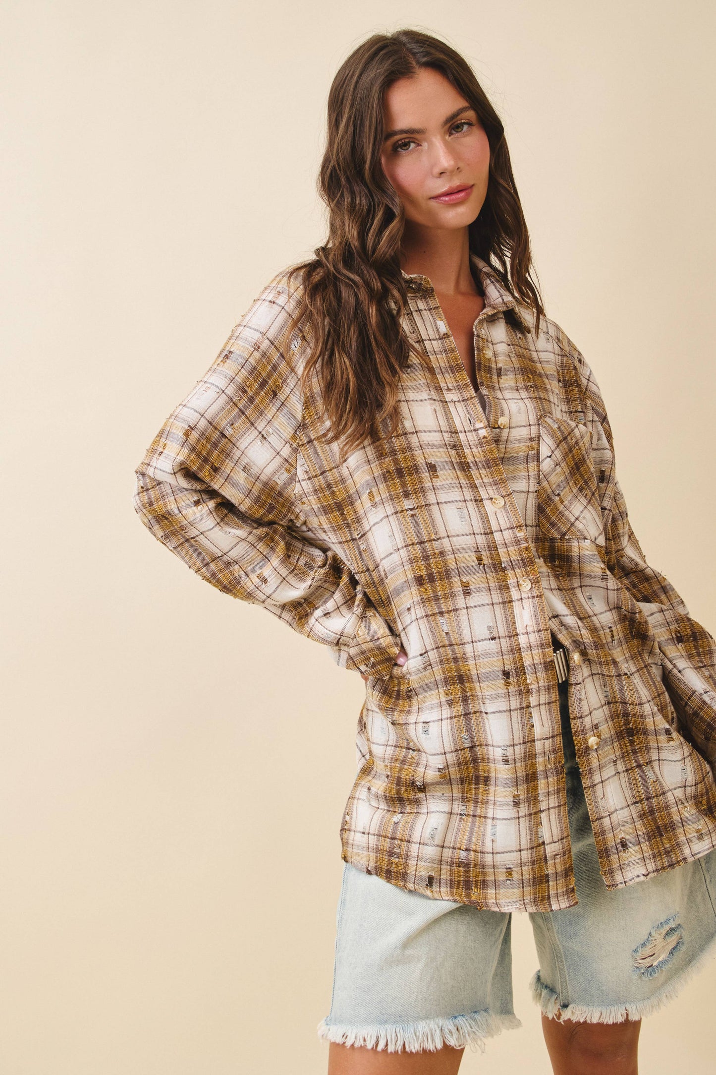 Distressed Plaid Brushed Cotton Button-Down Shirt