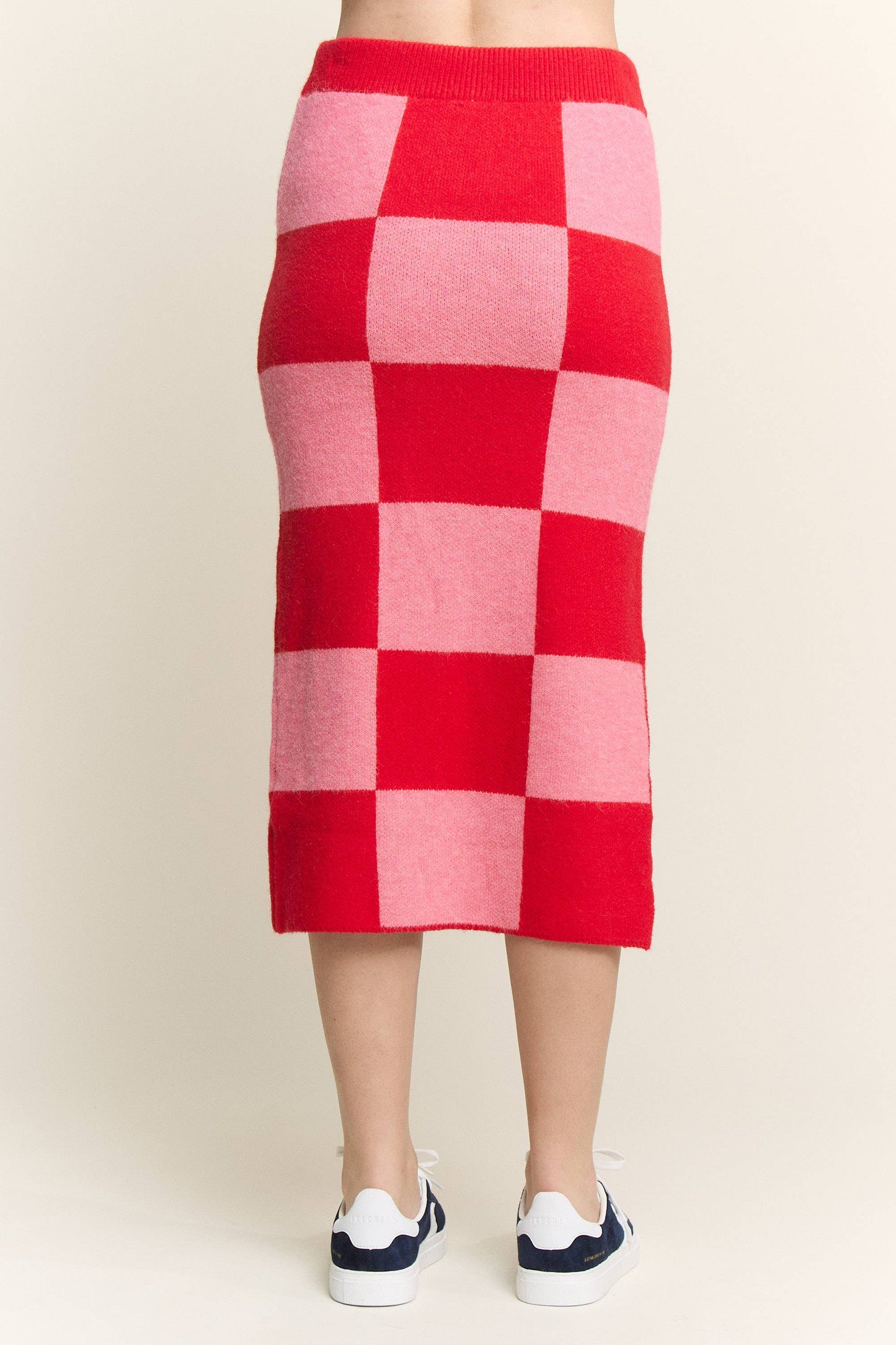 CHECKERED KNIT PENCIL MIDI SKIRT