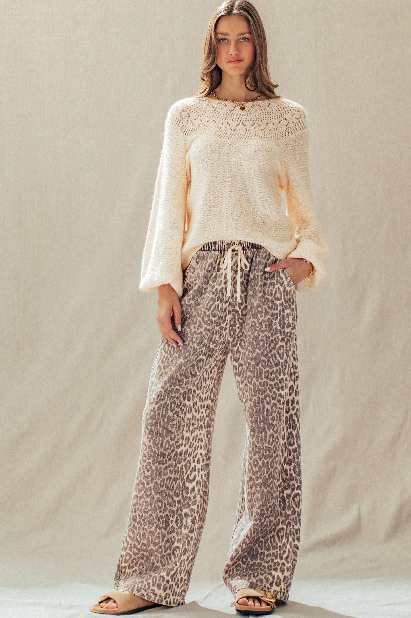 Leopard Print Wide Leg Cotton Pants
