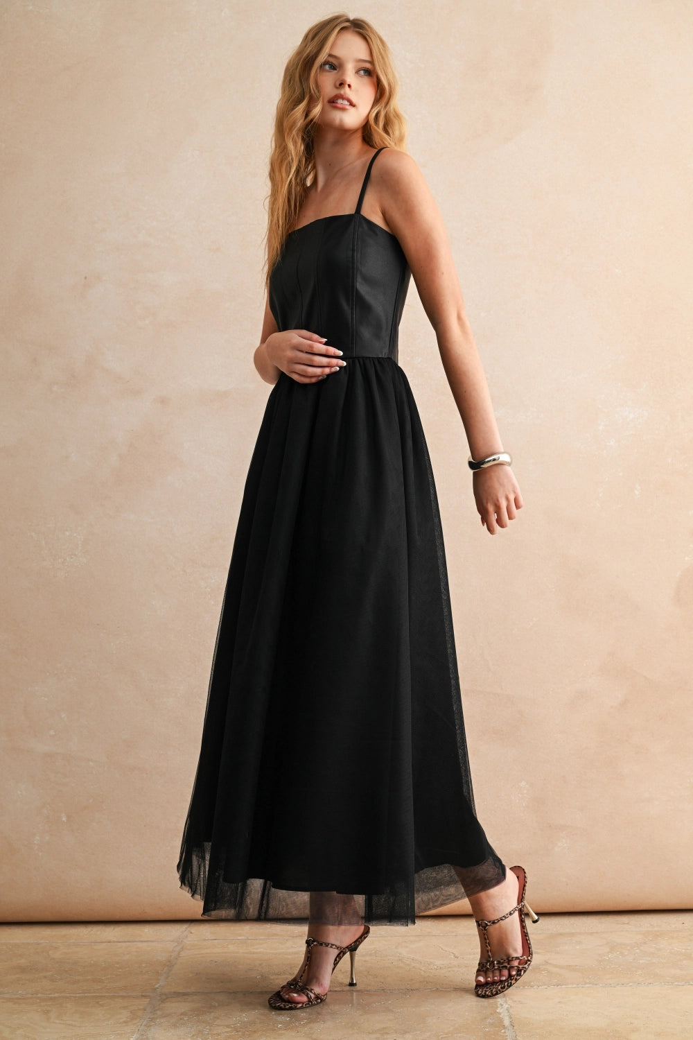 Black Faux Leather Top Tulle Dress