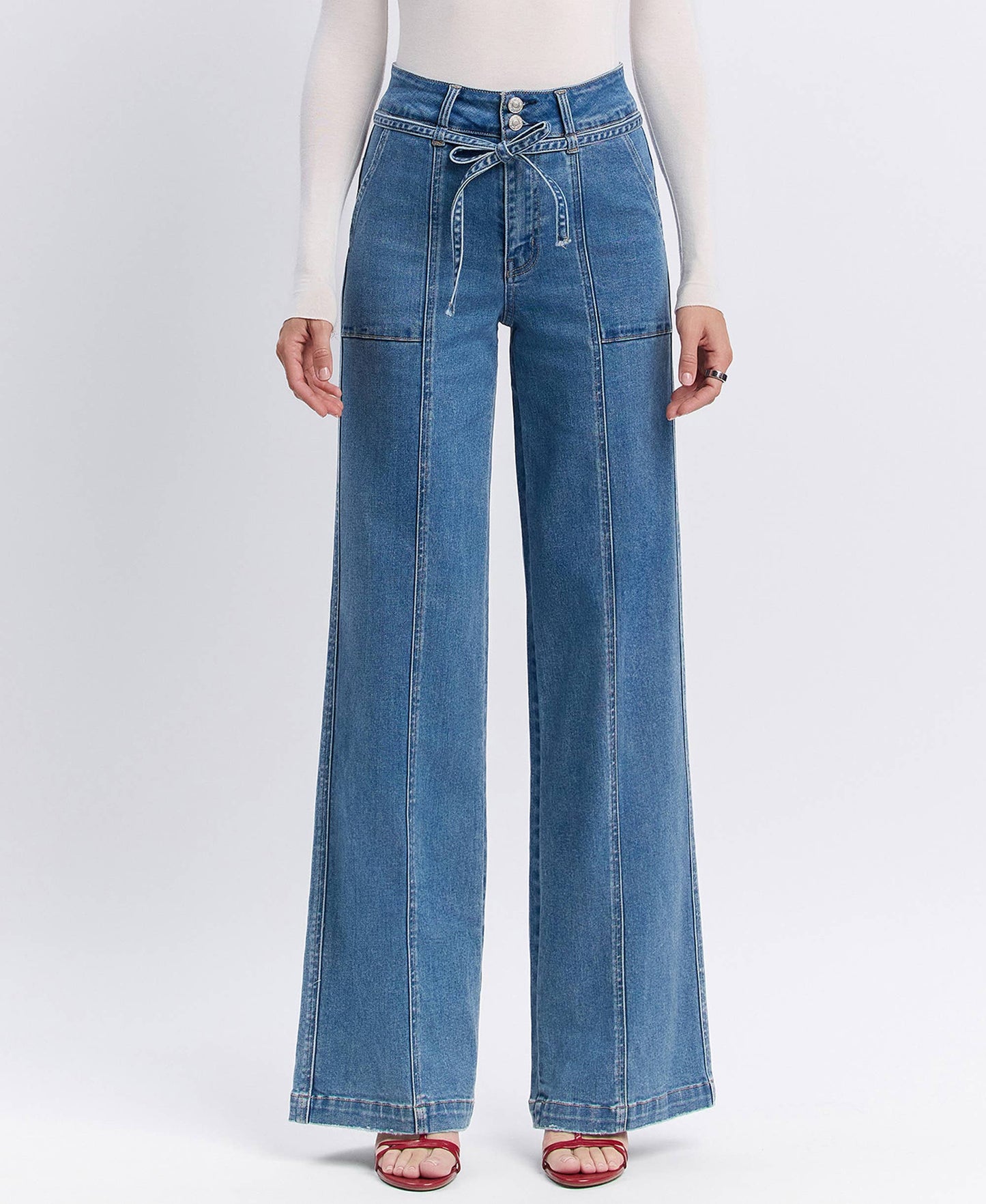 SUPER HIGH RISE TIE WAISTBAND WIDE LEG JEANS -Olivia