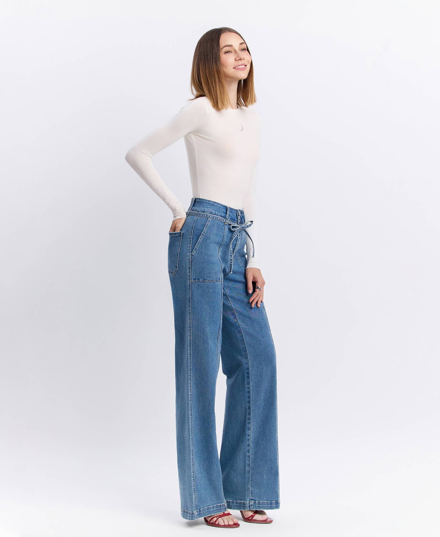 SUPER HIGH RISE TIE WAISTBAND WIDE LEG JEANS -Olivia