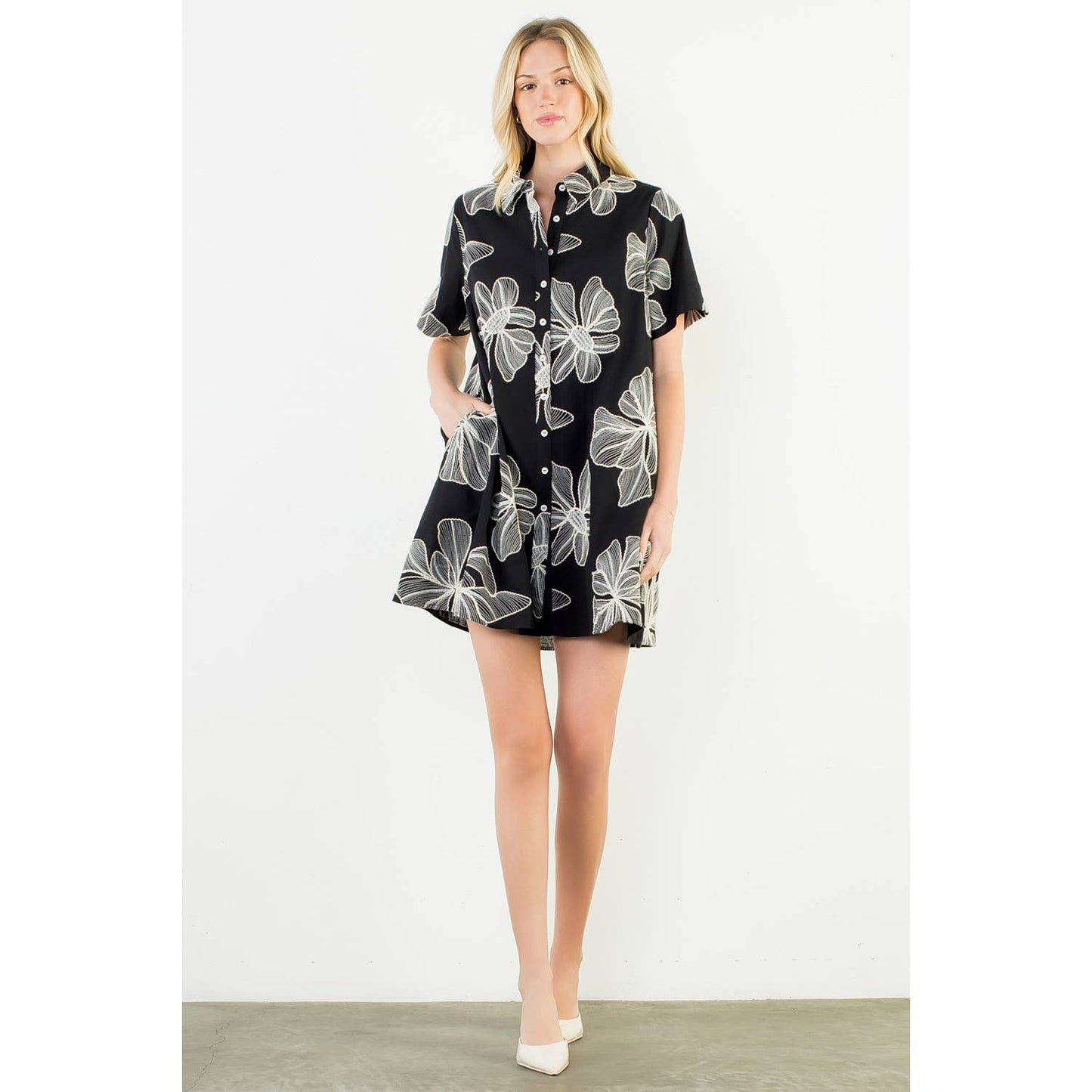 Collared Floral Emb Dress