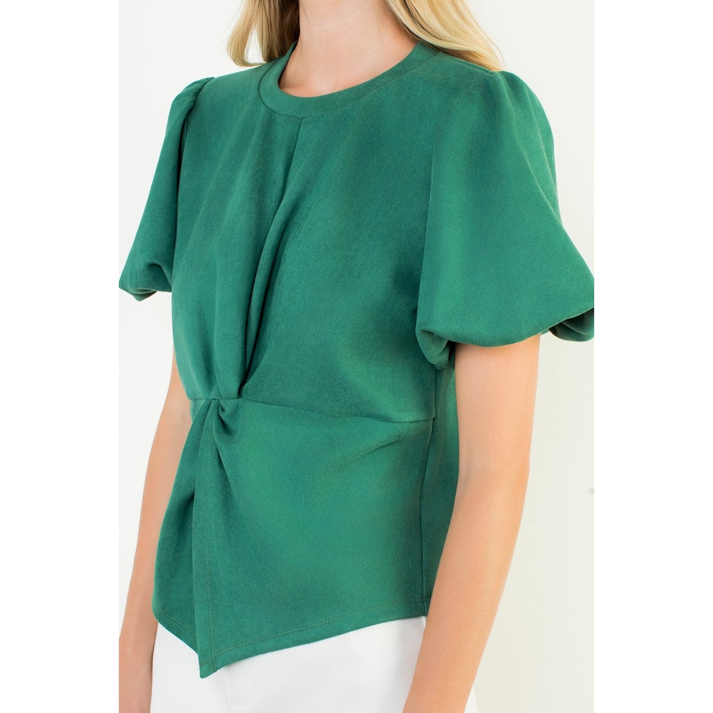 Suede Puff Sleeve Twisted Detail