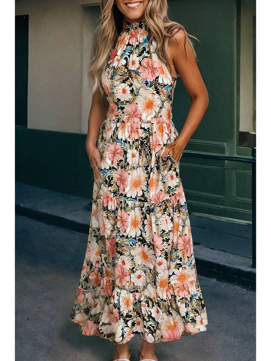 Johnnie Boho Floral Print Knotted Halter Ruffled Maxi Dress