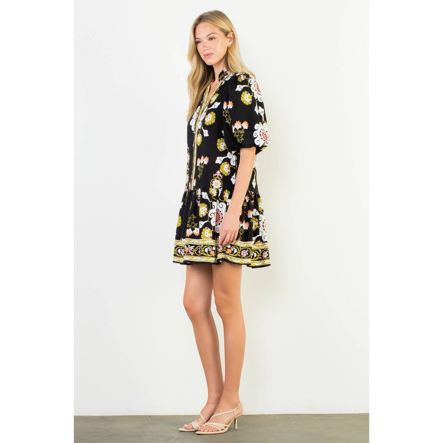 Puff Sleeve V-Neck Floral Mini Dress