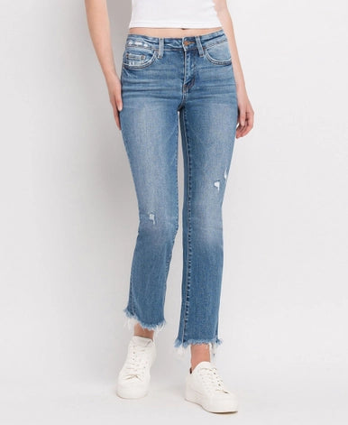 Minnie Mid Rise Distressed Hem Ankle Bootcut Jeans