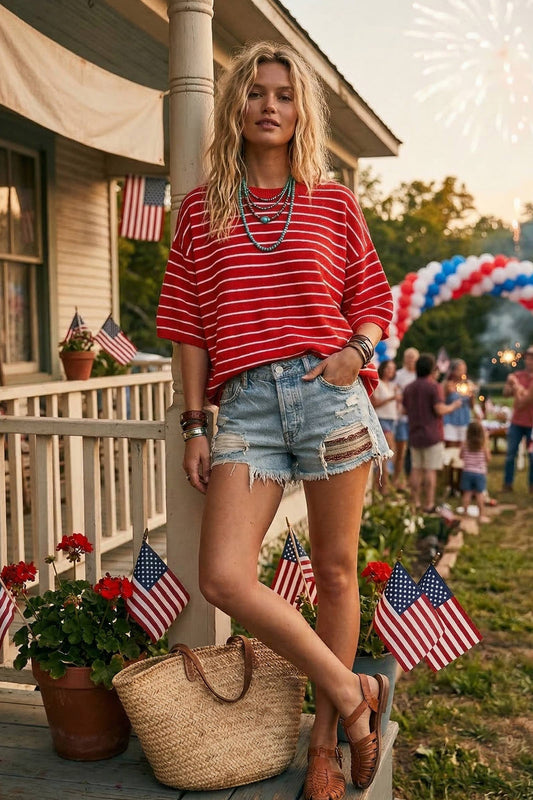 Oversized Striped Knit Short Sleeve Top