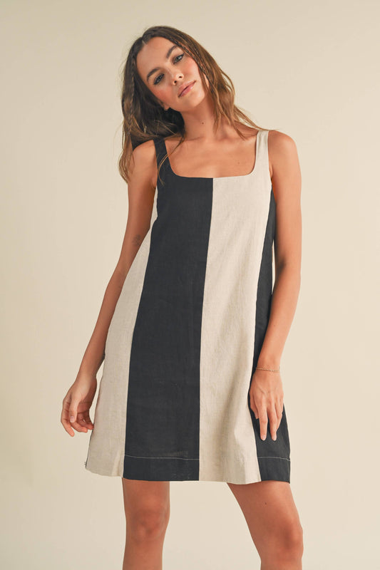 COLOR BLOCK LINEN MINI DRESS