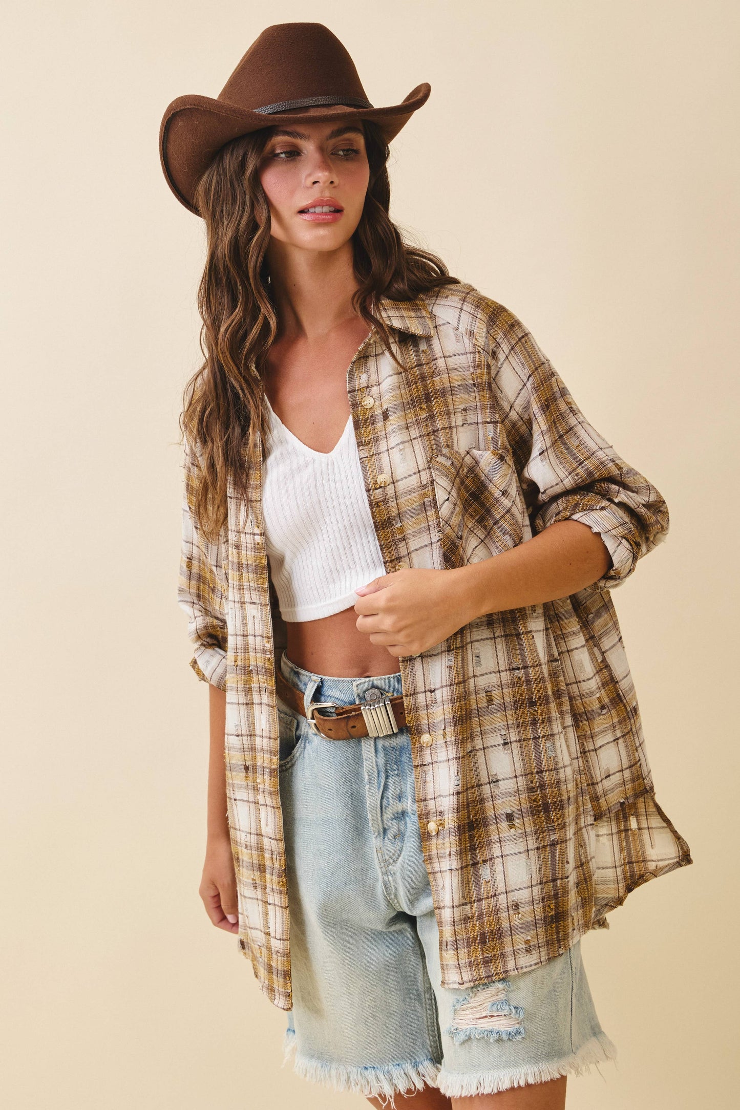 Distressed Plaid Brushed Cotton Button-Down Shirt