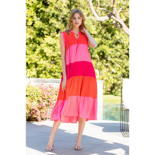 Sleeveless Tiered Colorblock Midi Dress