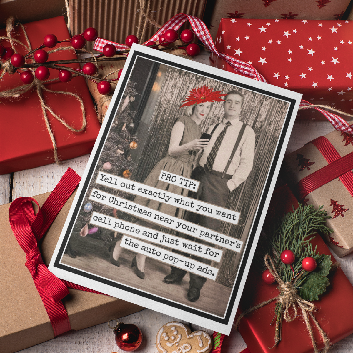 Funny Vintage Photo Christmas Card. PRO TIP: Yell Out...