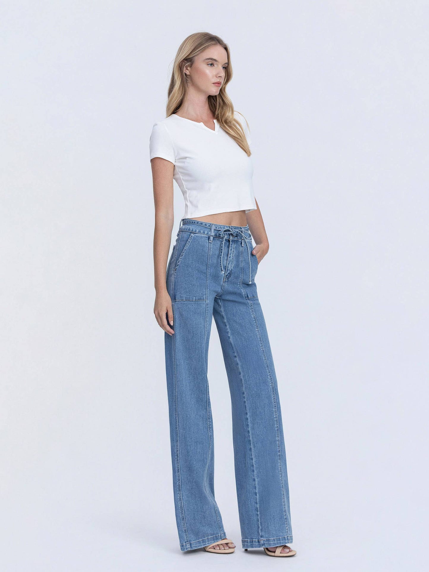 OLIVIA SUPER HIGH RISE TIE WAISTBAND WIDE LEG JEANS