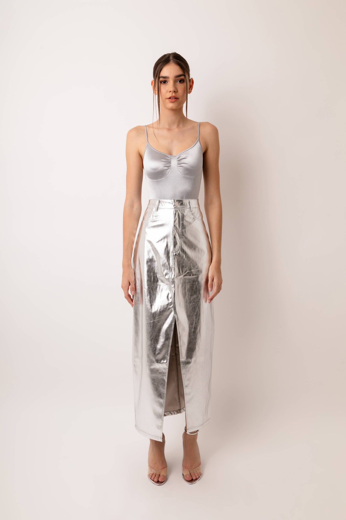 Silver Metallic Maxi Skirt