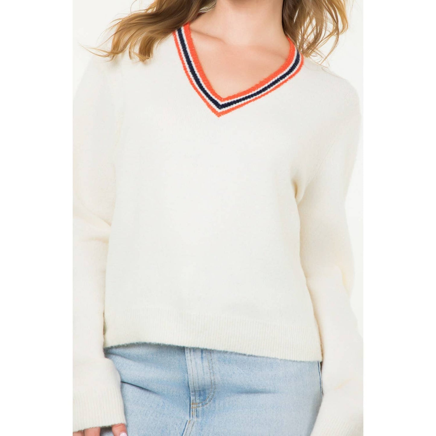 Contrast Trim V-Neck Knit Sweater