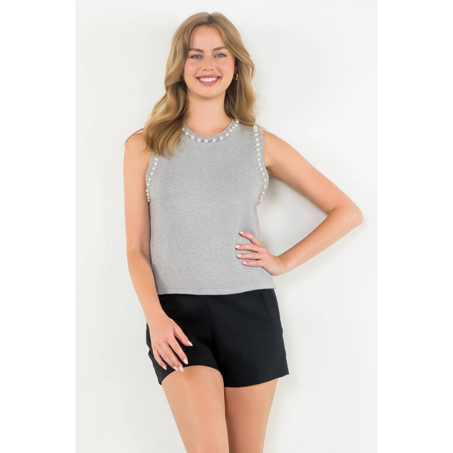 Pearl Trim Sleeveless Knit Top
