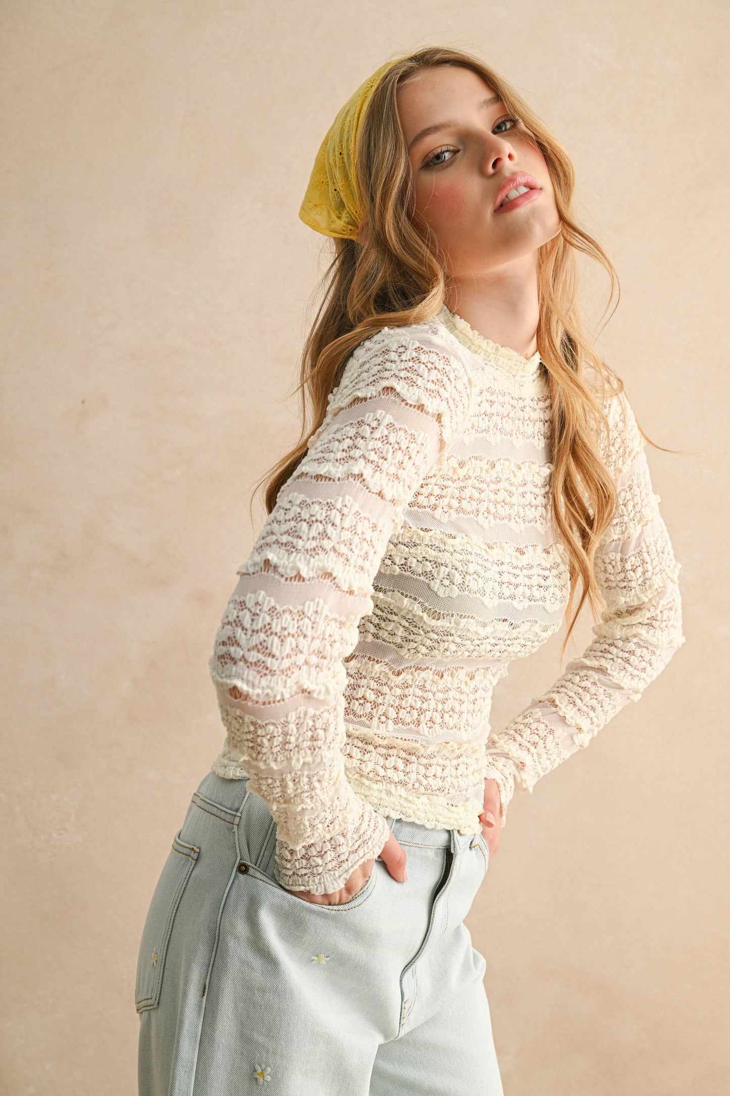 LACE TEXTURED LONG SLEEVE BLOUSE