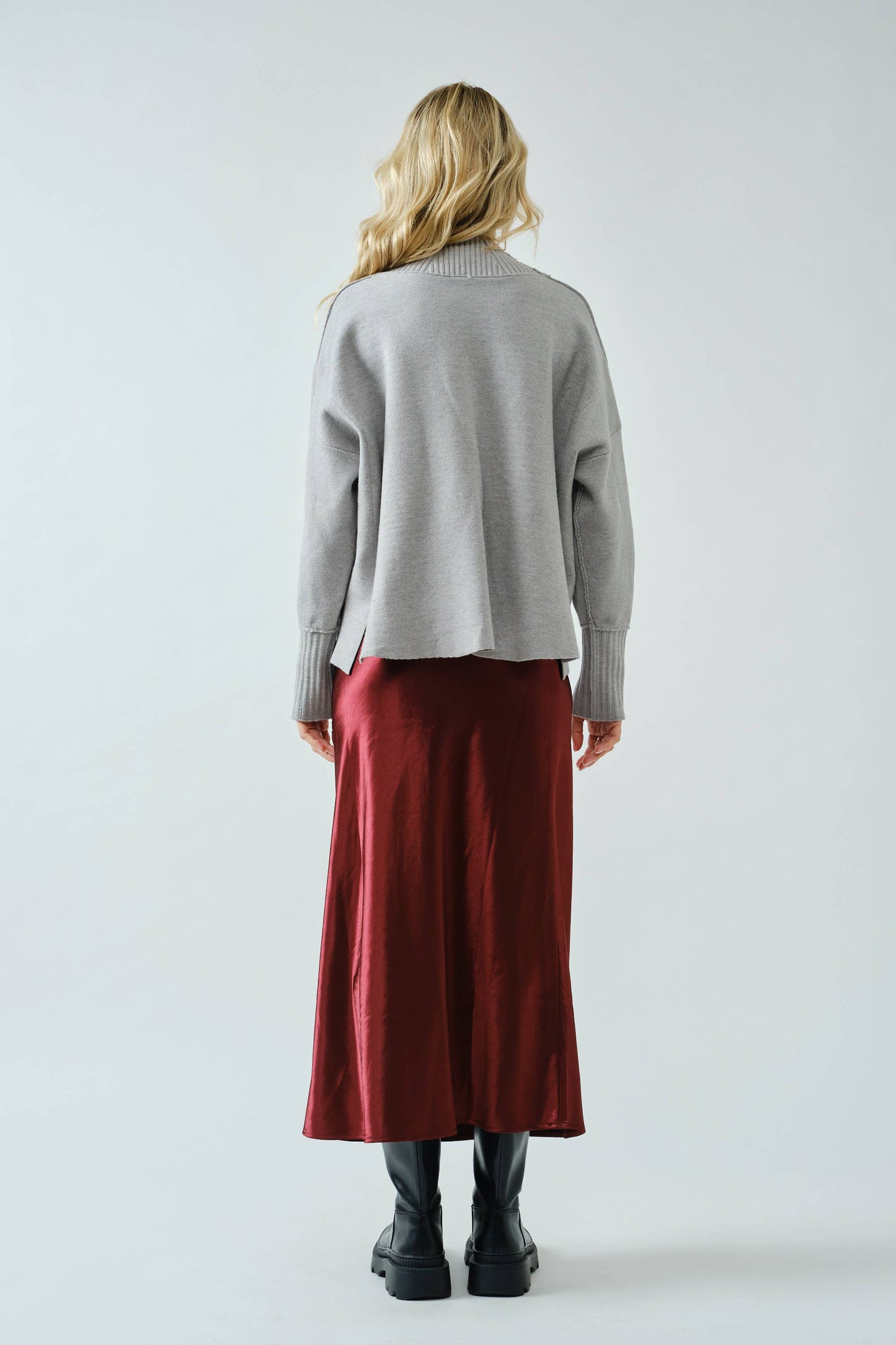 Wine Satin Midi Skirt
