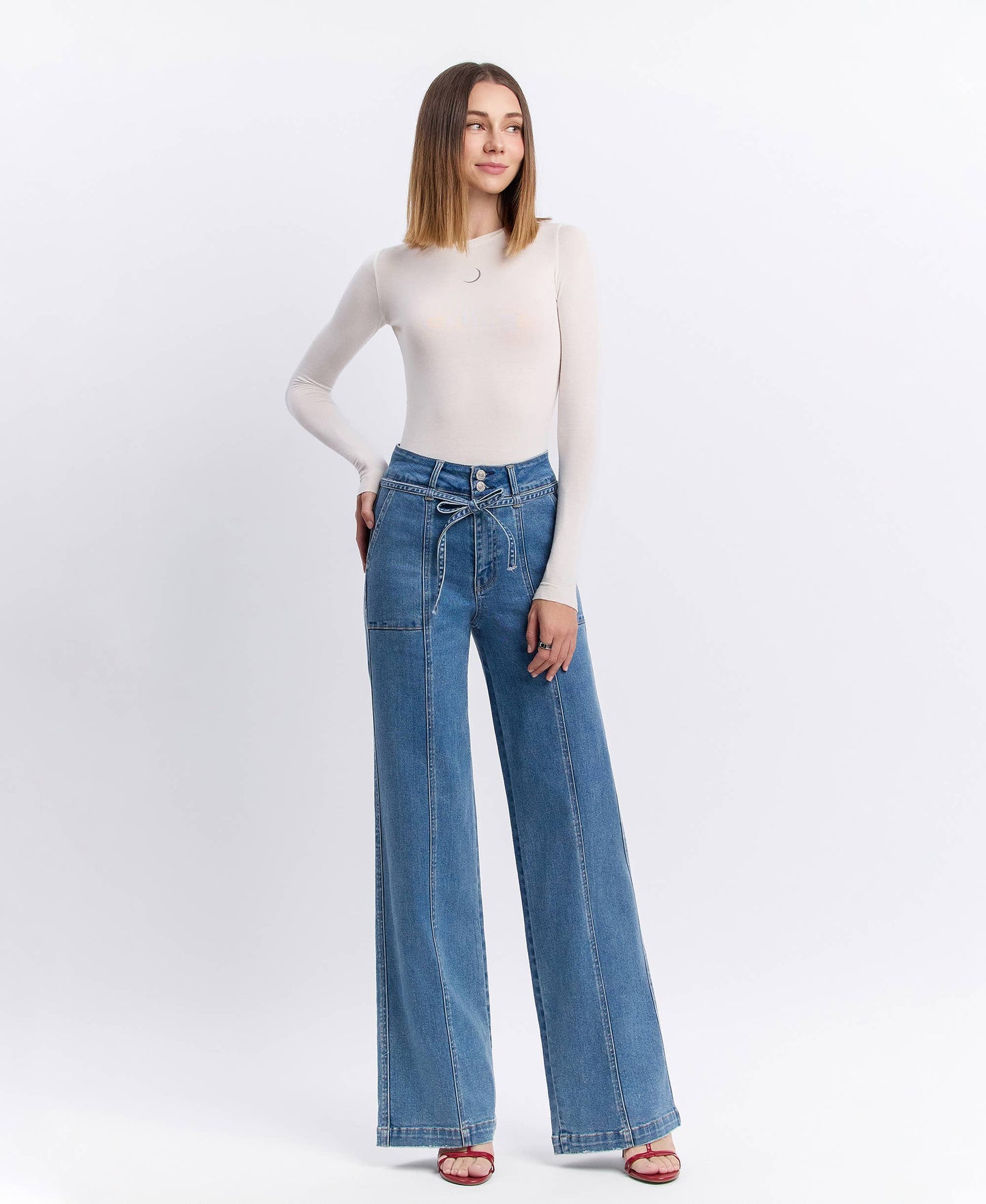 SUPER HIGH RISE TIE WAISTBAND WIDE LEG JEANS -Olivia