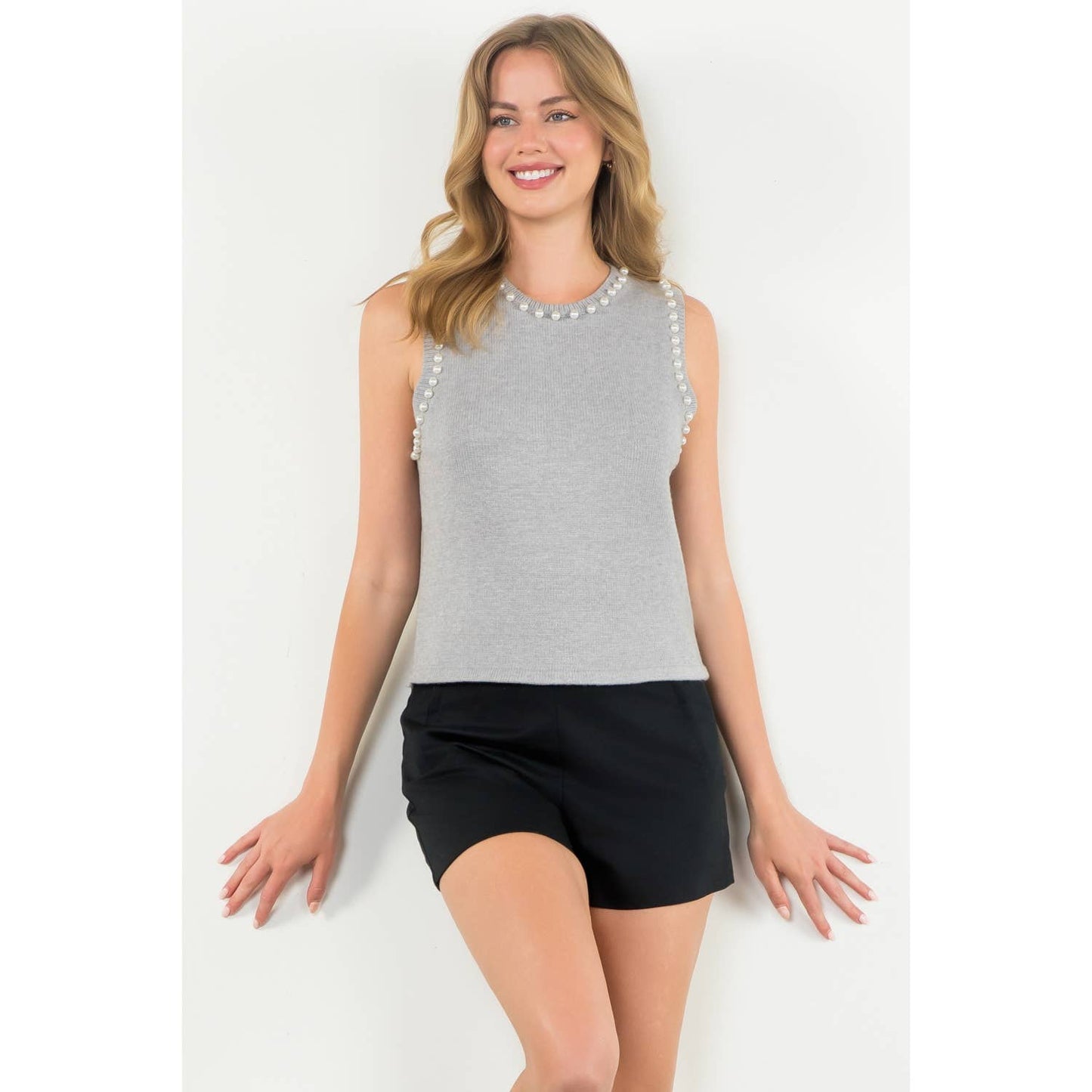 Pearl Trim Sleeveless Knit Top