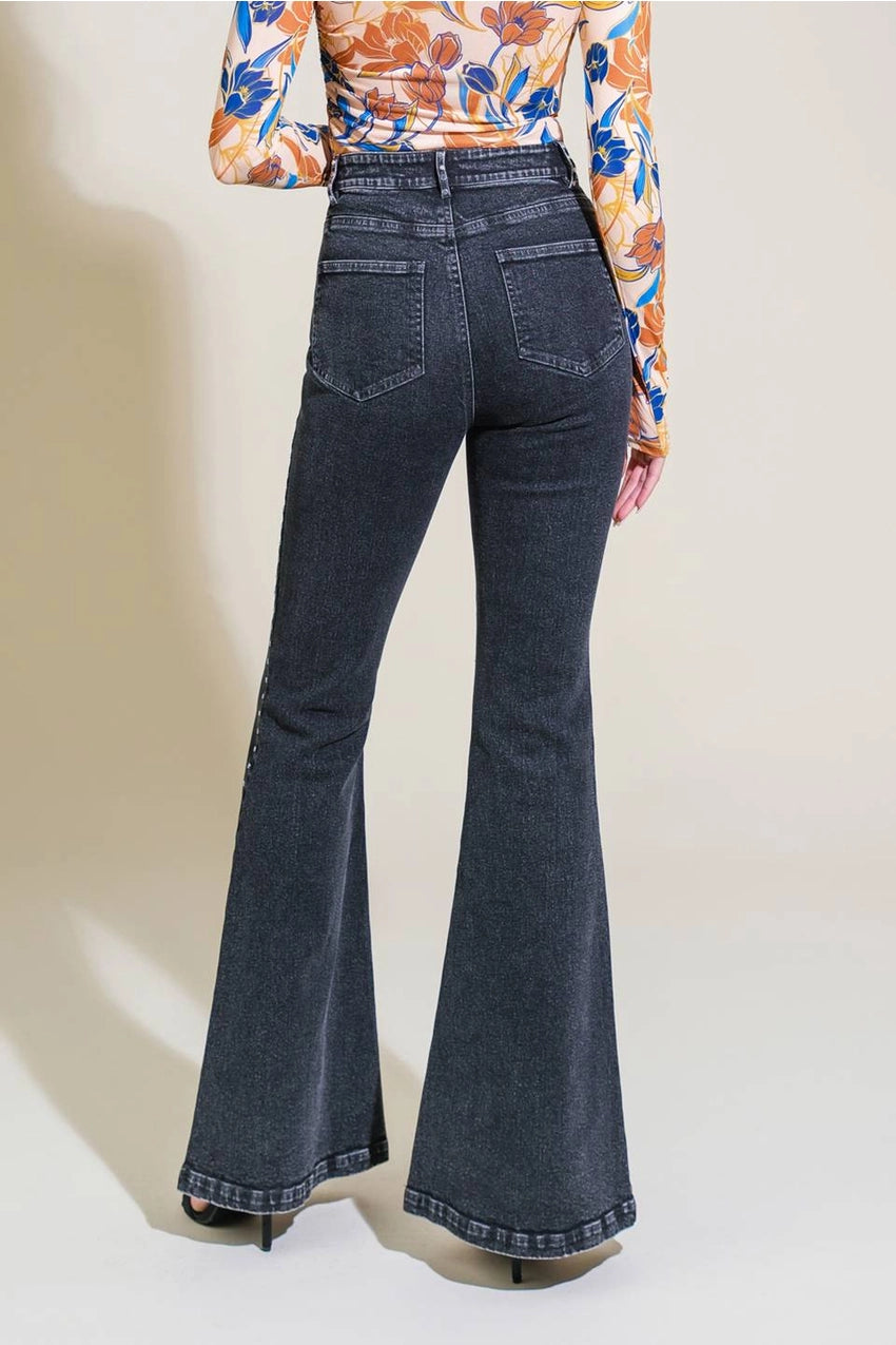 Maia Studded Washed Denim Flare Jeans