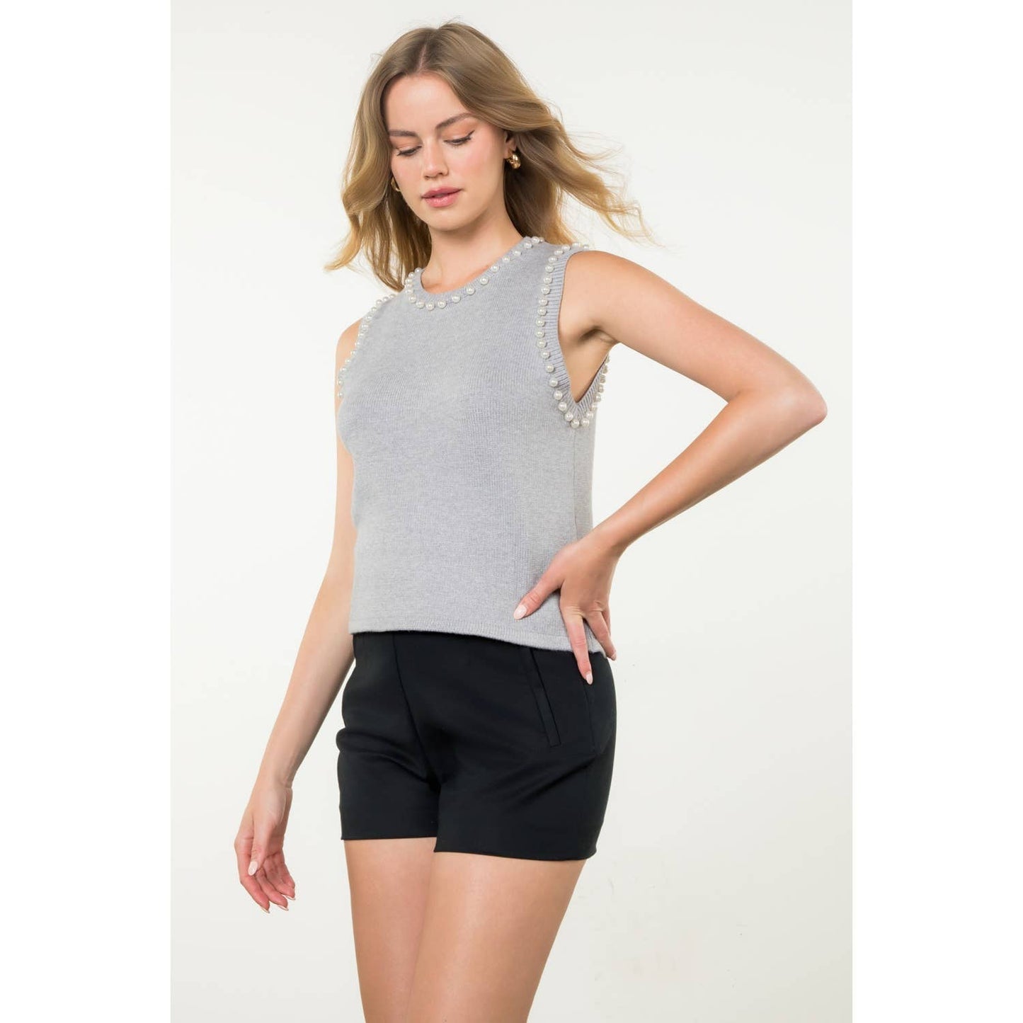Pearl Trim Sleeveless Knit Top