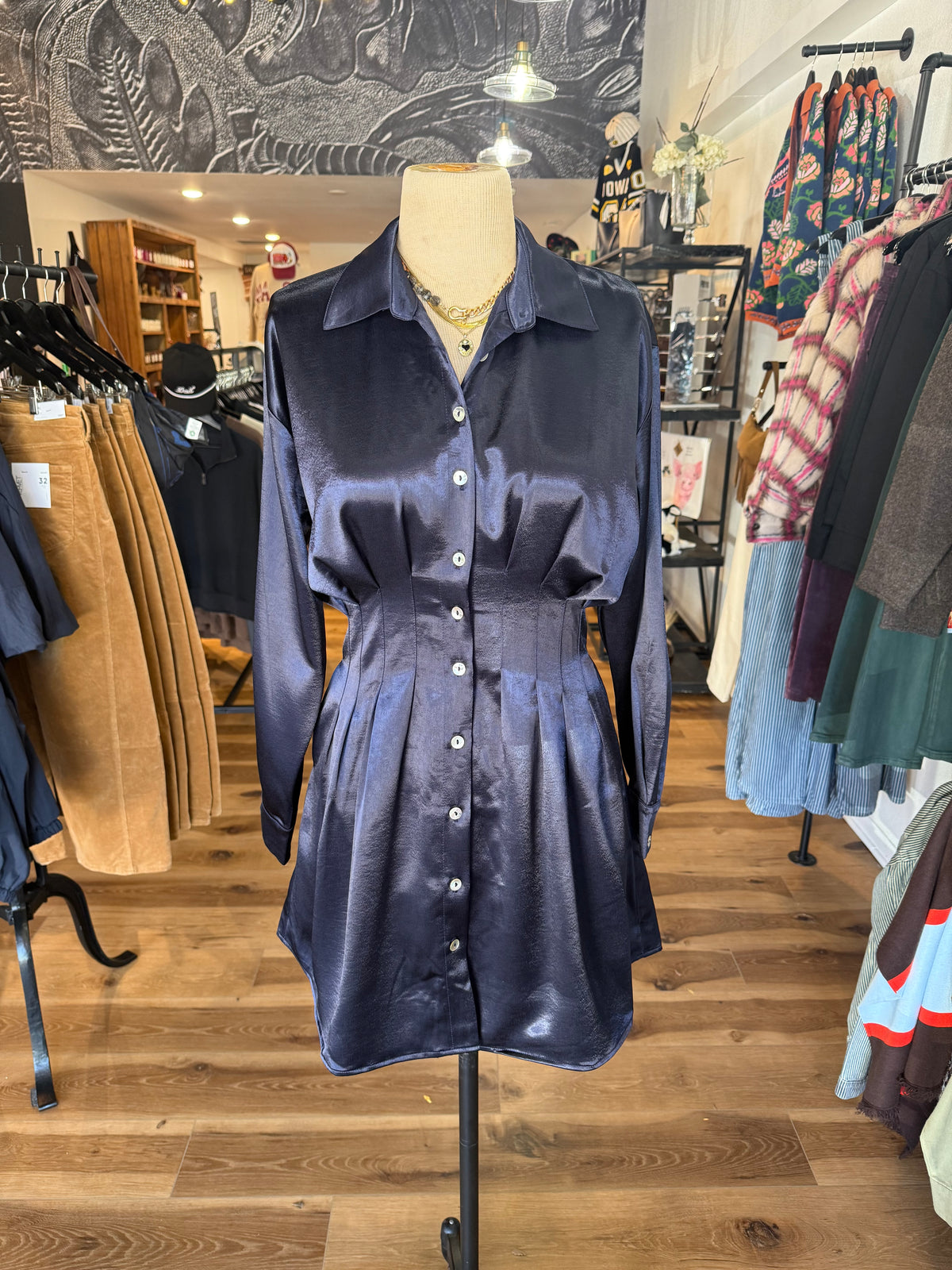 Navy Satin Pleated Dress