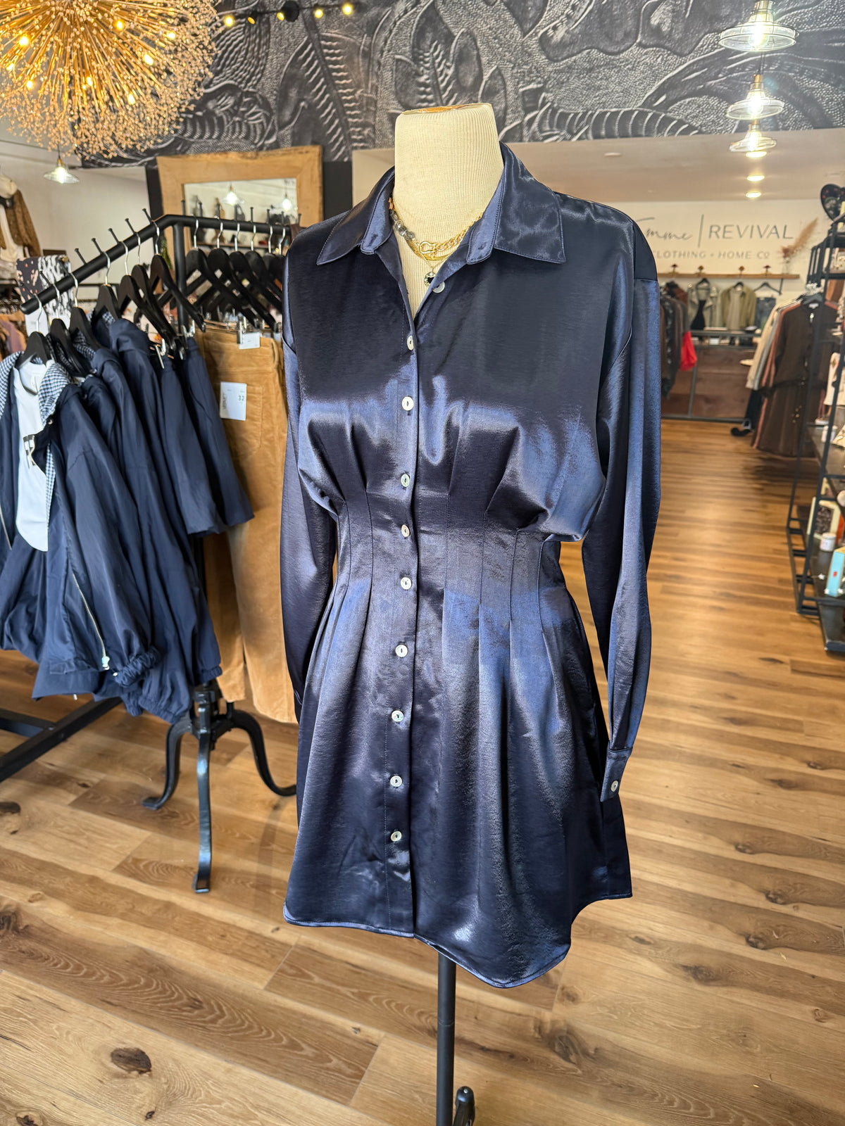 Navy Satin Pleated Dress