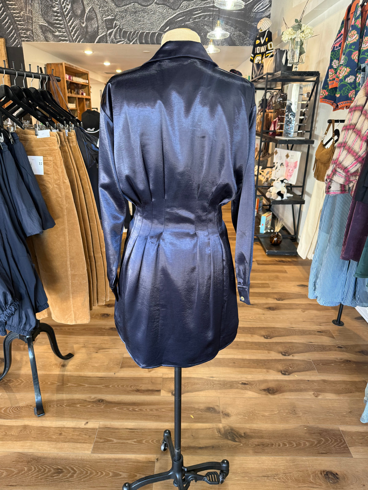 Navy Satin Pleated Dress
