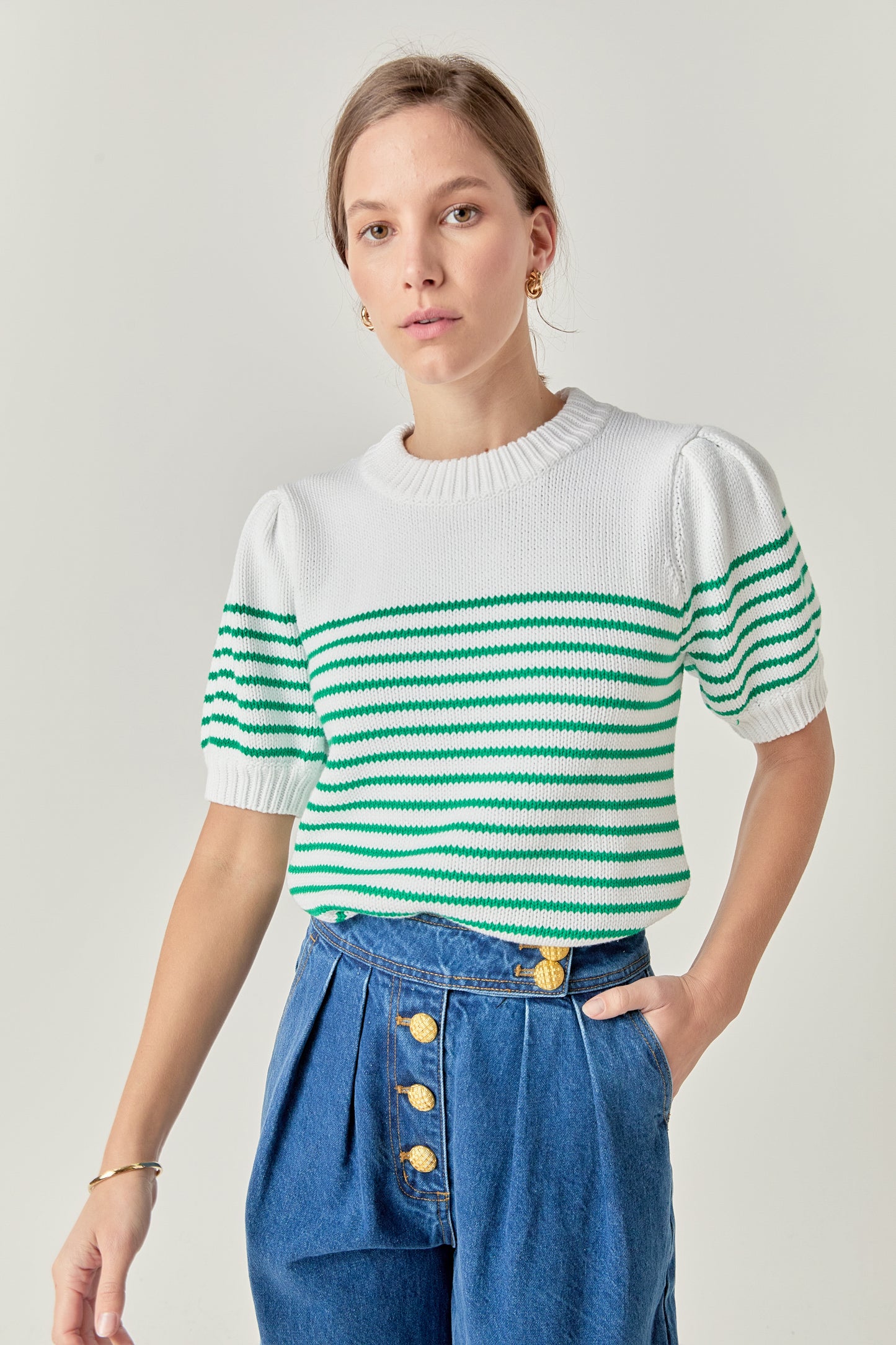 Stripe Short Puff Sleeve Sweater