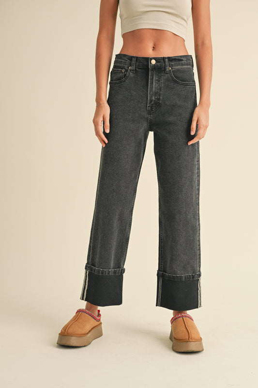 Mandy Cuffed Bottom Black Denim Pants