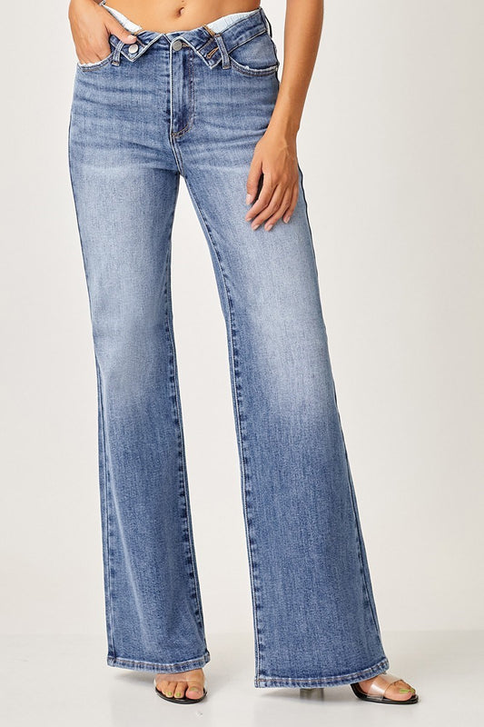 Hazel Mid-Rise Wide Leg Fold Over Waist Jeans