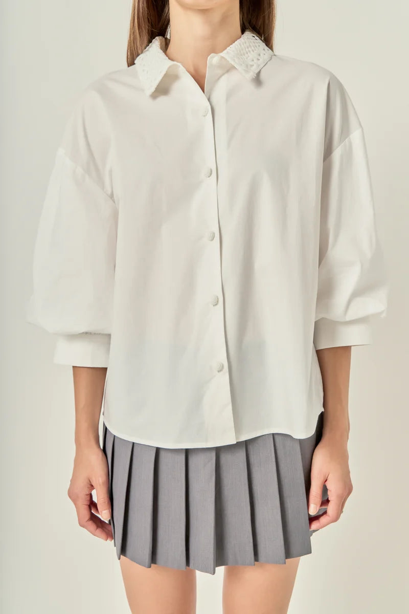 Cotton Shirt with Lace Collar