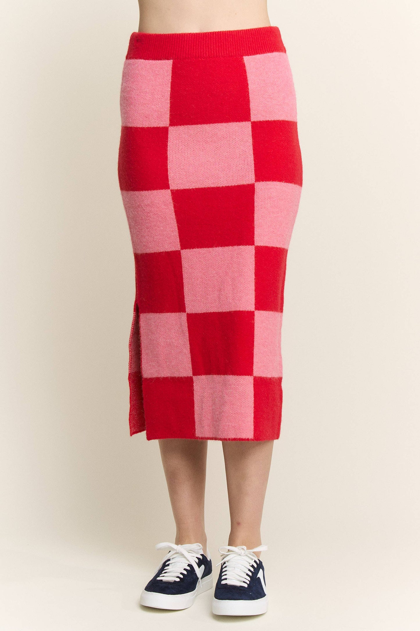 CHECKERED KNIT PENCIL MIDI SKIRT