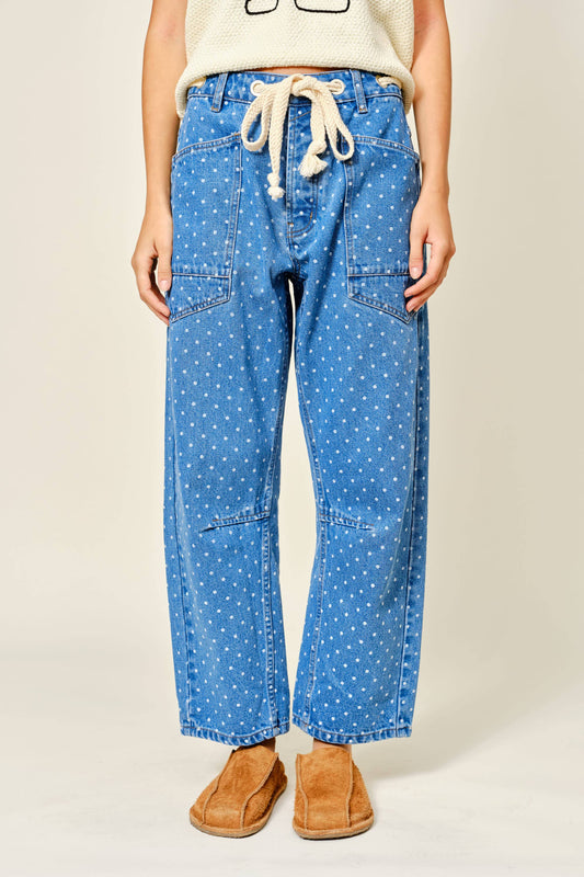 POLKA DOT DENIM BARREL PANTS
