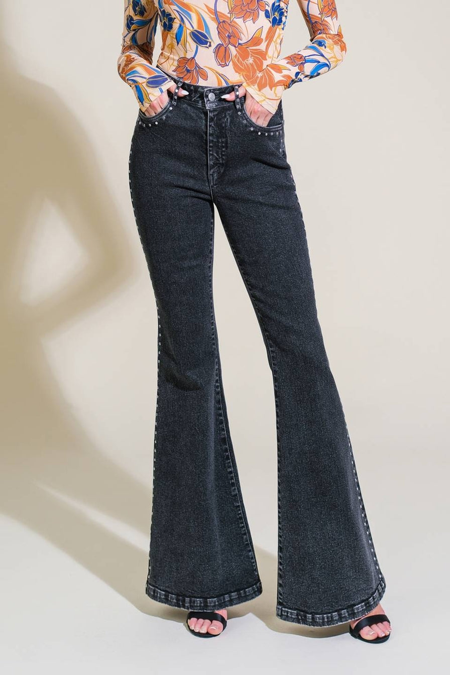 Maia Studded Washed Denim Flare Jeans