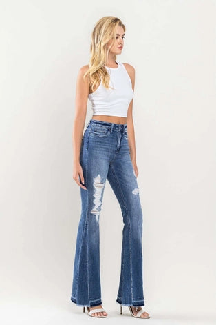 Gaia High Rise Distressed Panel Flare Jeans