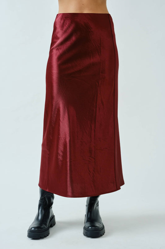 Wine Satin Midi Skirt