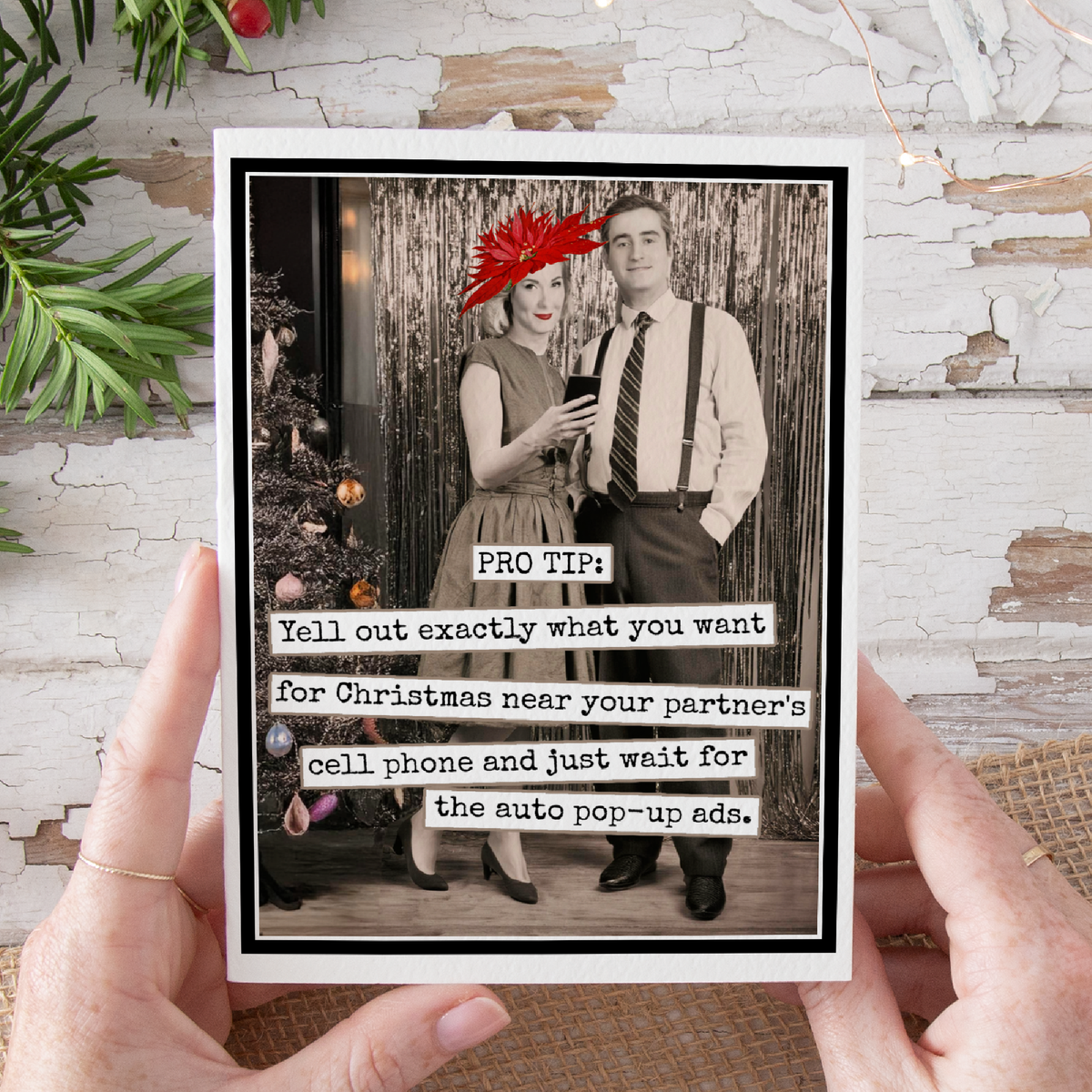 Funny Vintage Photo Christmas Card. PRO TIP: Yell Out...