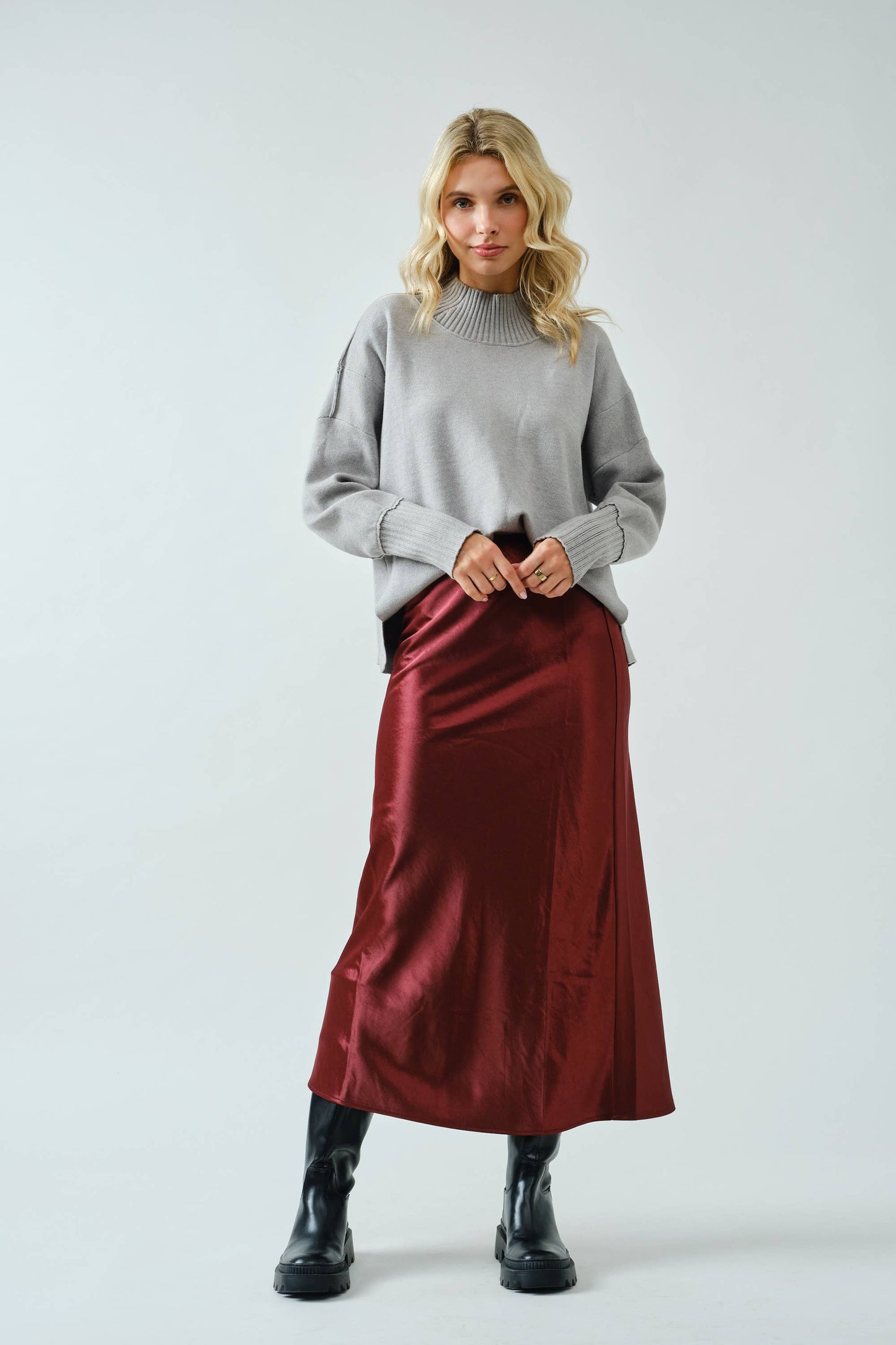 Wine Satin Midi Skirt
