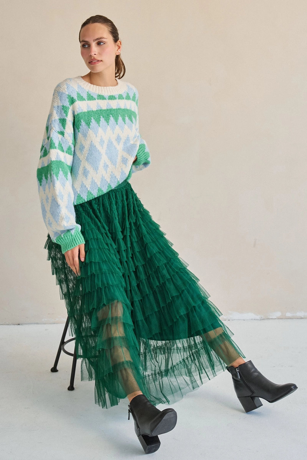 Ruffled Mesh Maxi Skirt