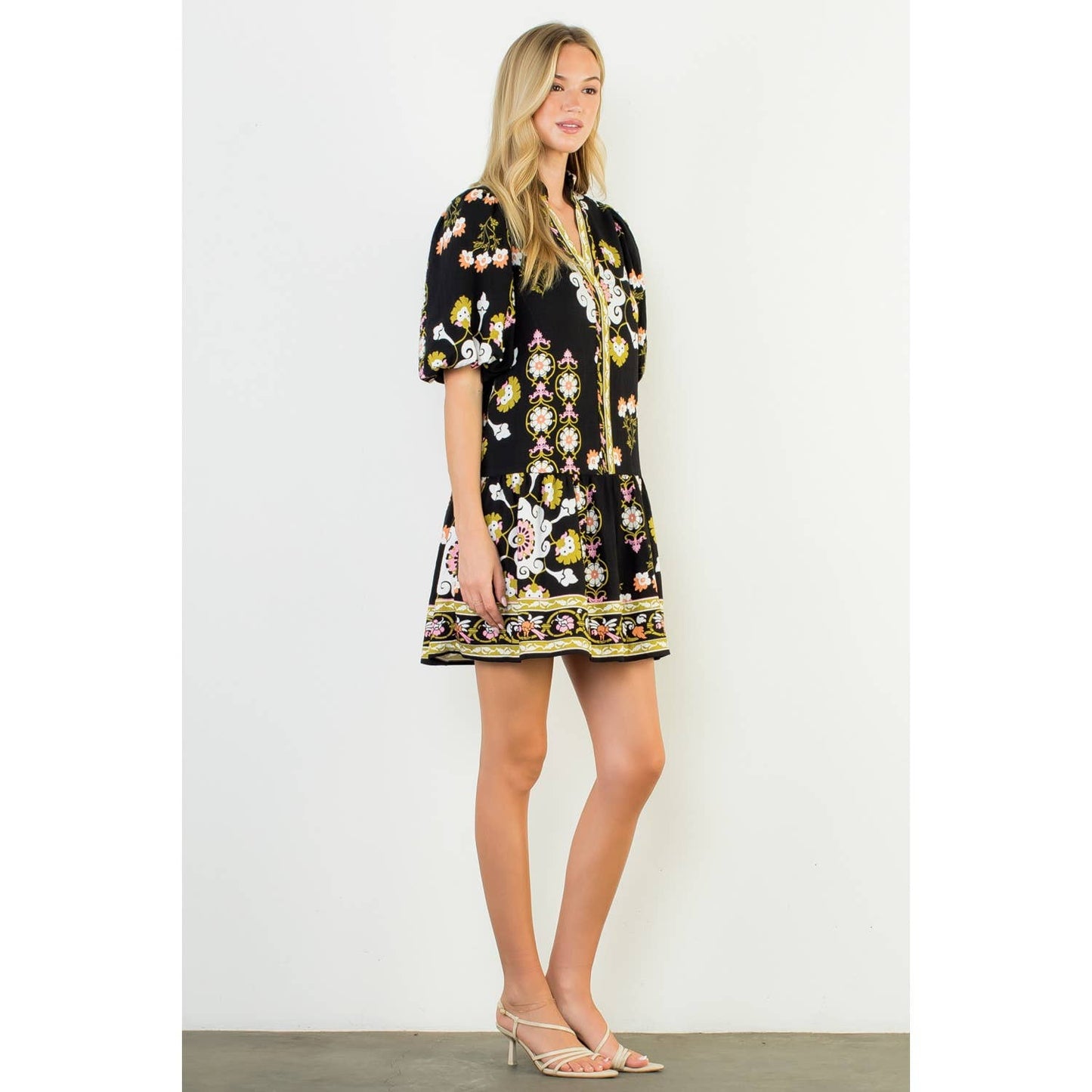 Puff Sleeve V-Neck Floral Mini Dress