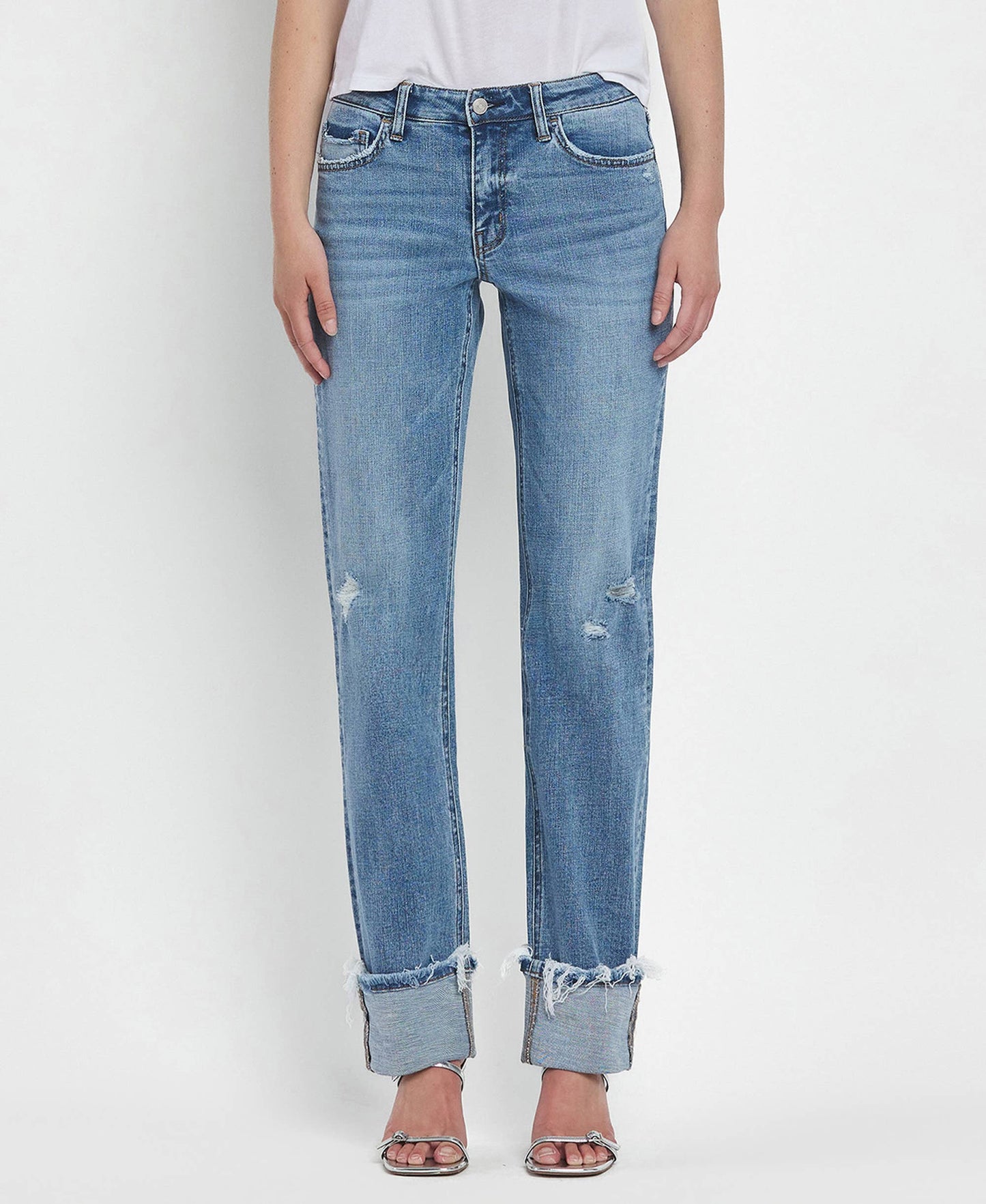 MID RISE CUFFED STRAIGHT JEANS