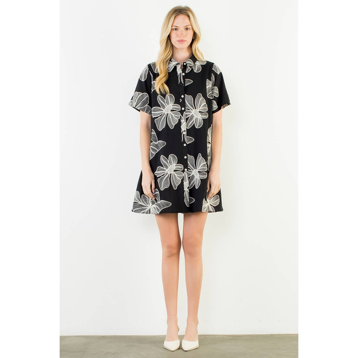 Collared Floral Emb Dress