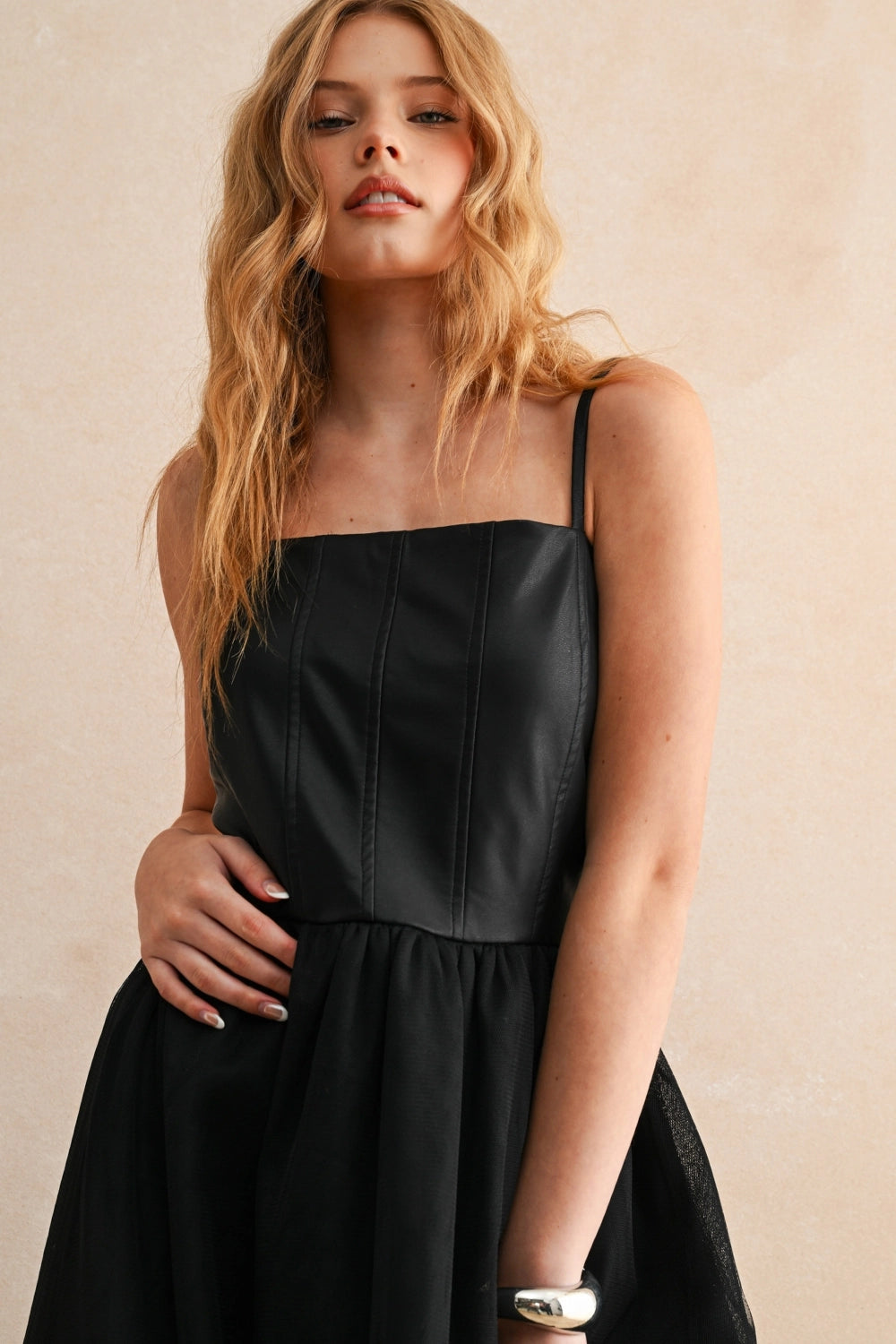 Black Faux Leather Top Tulle Dress