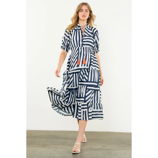 Puff Sleeve Striped Tiered Dress